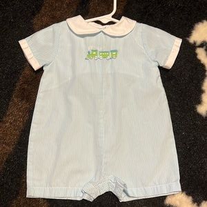 Petit ami blue and white train onesie size 3 months